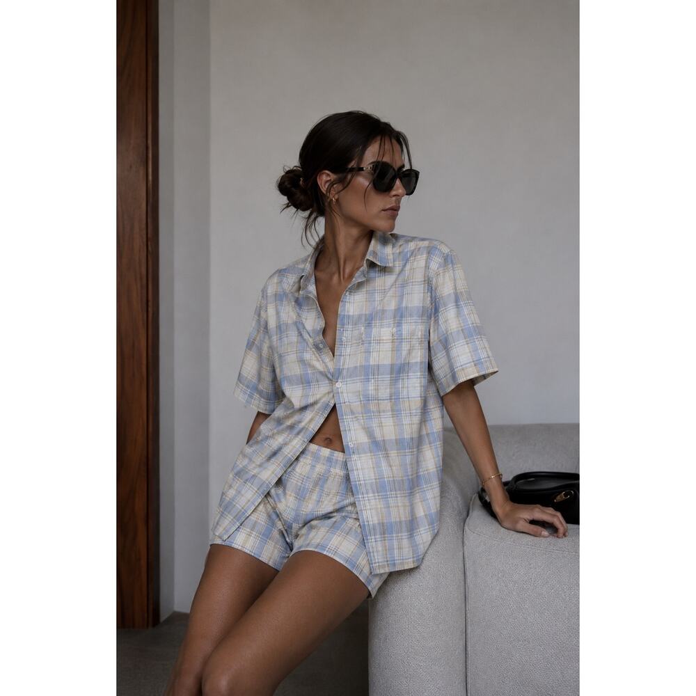 Vintage Christian Dior Logo Blue Plaid Short Sleeve Button Down Shirt Medium